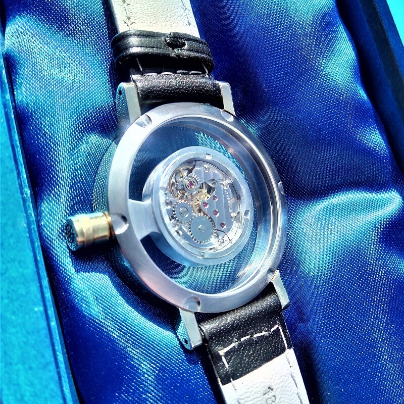 This image shows the case back of a Lakeland 38 handcrafted by Levenaig Watches