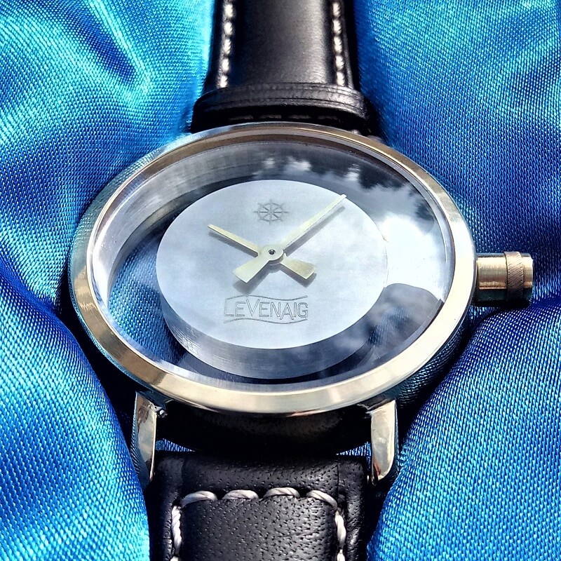 This image shows a front view of a Lakeland 38 handcrafted by Levenaig Watches