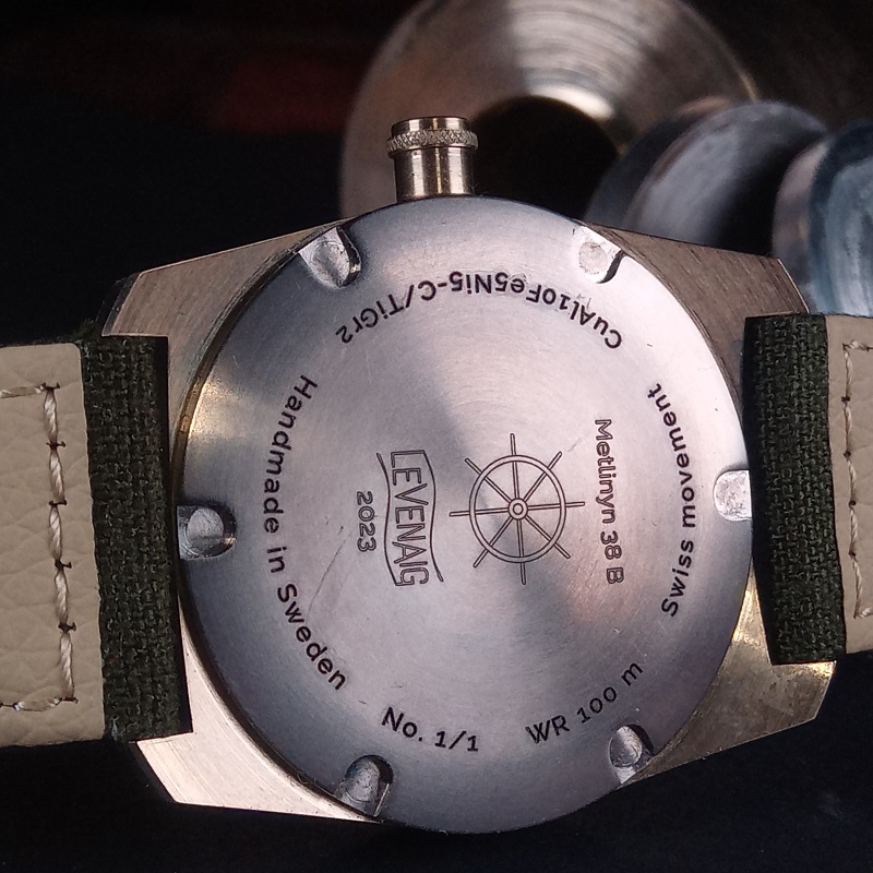 Image showing engraved back of bespoke watch Levenaig Metlinyn 38 B